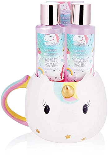 BRUBAKER Cosmetics Set de Baño y Ducha de Unicornio de 4 Piezas - Cherry Blossom - Set de Regalo con Aroma a Flor de Cerezo - en Taza de Unicornio