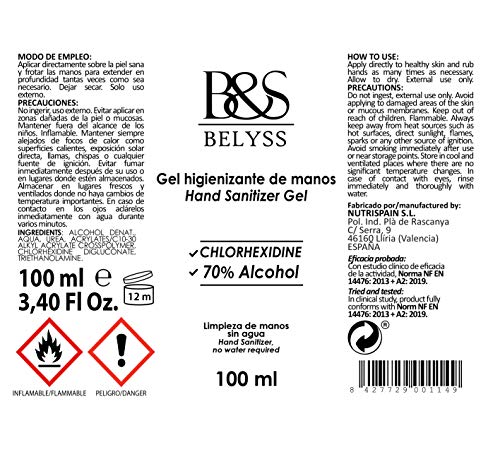 B&S BELYSS | Gel Hidroalcohólico Manos | Gel de Manos Higienizante Sin Aclarado | Contiene Urea que Mantiene la Piel Hidratada | Dispensador 100 mL