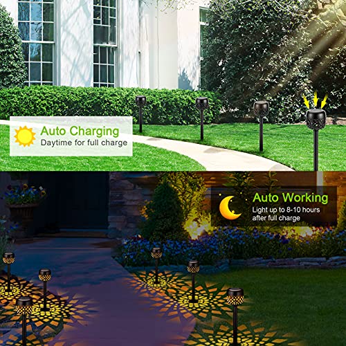 BUCASA Luces LED Solares para Exteriores, 6 Piezas Luz Solar Exterior con Patrón de Flores Blancas Cálidas, IP65 Impermeable Lampara Solar para Exterior Jardin Pasillo, Césped, Patio