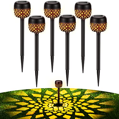 BUCASA Luces LED Solares para Exteriores, 6 Piezas Luz Solar Exterior con Patrón de Flores Blancas Cálidas, IP65 Impermeable Lampara Solar para Exterior Jardin Pasillo, Césped, Patio