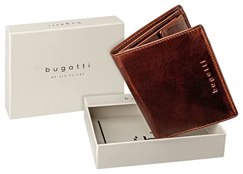 Bugatti Romano Cartera Hombre Piel con Seguridad RFID y Monedero, Vertical - Marrón