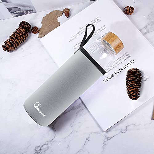 Bugucat Botella de Agua Cristal 1000ML,Botella para Beber Botella de Agua Cristal Reutilizable de Borosilicato,Cantimplora Botella de Cristal con Tapa de Bambú con Estuche protector Cepillo de Esponja