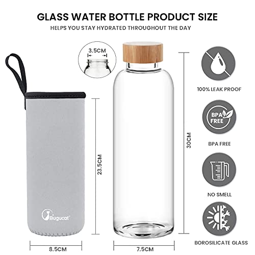 Bugucat Botella de Agua Cristal 1000ML,Botella para Beber Botella de Agua Cristal Reutilizable de Borosilicato,Cantimplora Botella de Cristal con Tapa de Bambú con Estuche protector Cepillo de Esponja