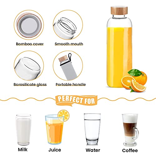 Bugucat Botella de Agua Cristal 1000ML,Botella para Beber Botella de Agua Cristal Reutilizable de Borosilicato,Cantimplora Botella de Cristal con Tapa de Bambú con Estuche protector Cepillo de Esponja