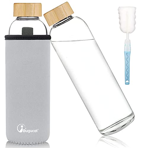Bugucat Botella de Agua Cristal 1000ML,Botella para Beber Botella de Agua Cristal Reutilizable de Borosilicato,Cantimplora Botella de Cristal con Tapa de Bambú con Estuche protector Cepillo de Esponja