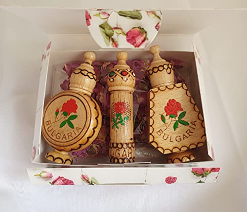 Bulgarian ROSE 3 frascos de madera + flores de rosa secas, regalo pequeño