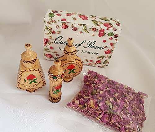 Bulgarian ROSE 3 frascos de madera + flores de rosa secas, regalo pequeño
