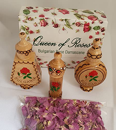 Bulgarian ROSE 3 frascos de madera + flores de rosa secas, regalo pequeño