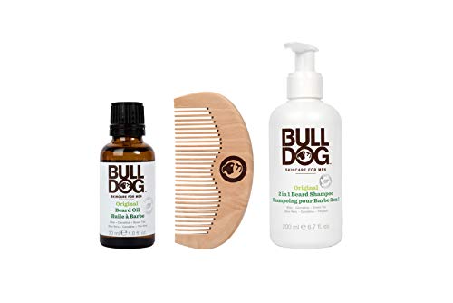 Bulldog Skincare - Pack Barba con Champú y Acondicionador 2 en 1 de 200 ml, más Aceite hidratante 30 ml (con Aloe, Camelina y Té Verde) más Peine de Madera para Barba
