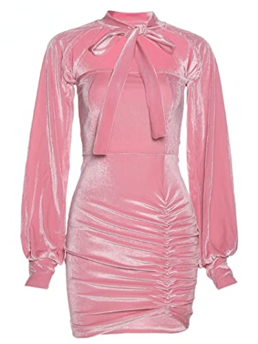 Bywenzai Vestir Sexy Casual Slim-Fit Lace Velvet Light Cobertura Elástico De Manga Larga Show Clavicle Lady Mujer Vestido Femenino S Pink