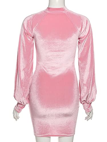 Bywenzai Vestir Sexy Casual Slim-Fit Lace Velvet Light Cobertura Elástico De Manga Larga Show Clavicle Lady Mujer Vestido Femenino S Pink