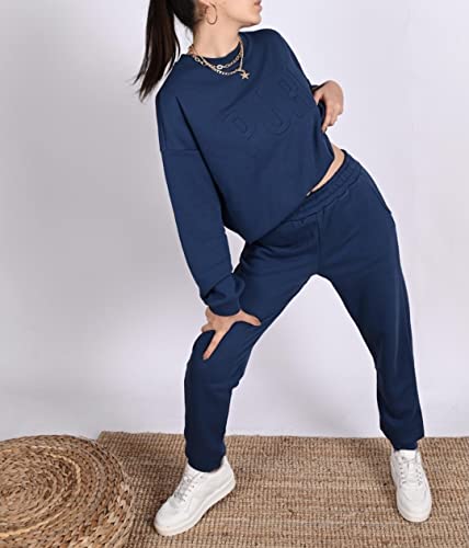 C K CrisKat Conjunto Chándal 2 Piezas Conjunto de Manga Larga con Bolsillo Laterales para Primavera Otoño Invierno Ropa Casual para Mujer Conjuntos Casual Completo Acanalado (# Chandal Azul, S)