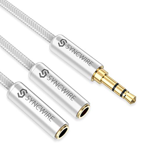 Cable Divisor Syncwire, Splitter Jack Auriculares Nylon Trenzado [23cm] Cable Divisor de Jack (Audio estéreo) - Macho de 3.5mm a 2 Hembras de 3.5mm, Cable para Apple, Samsung, Smartphones, MP3