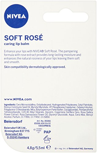 Cacao Nivea para el cuidado labial, de 4,8 g, color rosa claro. Pack de 12 unidades.