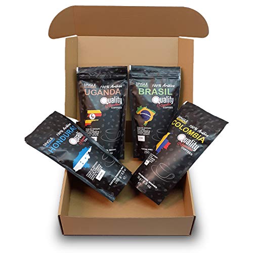☕ Café en grano natural. 100% Arabica. Pack para regalo y degustación. 4 orígenes: Colombia, Uganda, Brasil, Honduras. 4x250g. Tostado artesanal.
