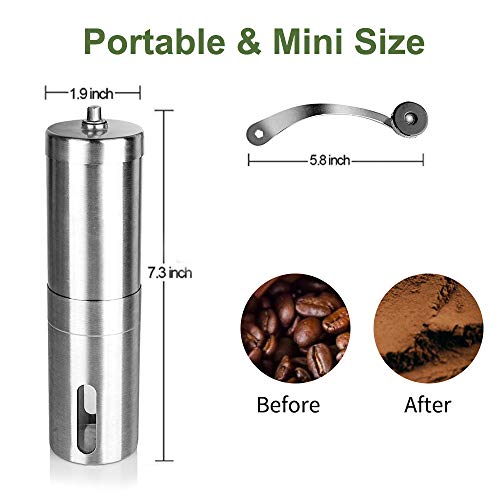 Café manual de acero inoxidable, Molinillo de café, Café portátil ajustable para el hogar, la oficina o los viajes, Molinillo de café con manivela, Plata + Cuchara de acero inoxidable con clip