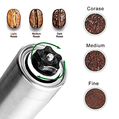 Café manual de acero inoxidable, Molinillo de café, Café portátil ajustable para el hogar, la oficina o los viajes, Molinillo de café con manivela, Plata + Cuchara de acero inoxidable con clip