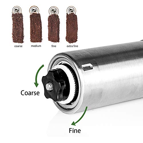 Café manual de acero inoxidable, Molinillo de café, Café portátil ajustable para el hogar, la oficina o los viajes, Molinillo de café con manivela, Plata + Cuchara de acero inoxidable con clip