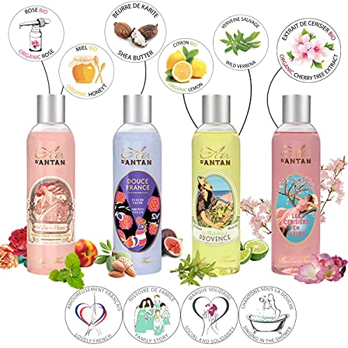 Caja Belleza 4 Gel de Ducha Mujer Un Air d’Antan® / 4 Perfumes Verbena, Rosa, Flor de Cerezo, Almendras/Formula Hidratante Piel Sensible/Pack 4x250ml/ Regalo de Mamá/Regalo Mujer Cumpleaños