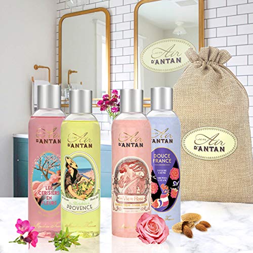 Caja Belleza 4 Gel de Ducha Mujer Un Air d’Antan® / 4 Perfumes Verbena, Rosa, Flor de Cerezo, Almendras/Formula Hidratante Piel Sensible/Pack 4x250ml/ Regalo de Mamá/Regalo Mujer Cumpleaños