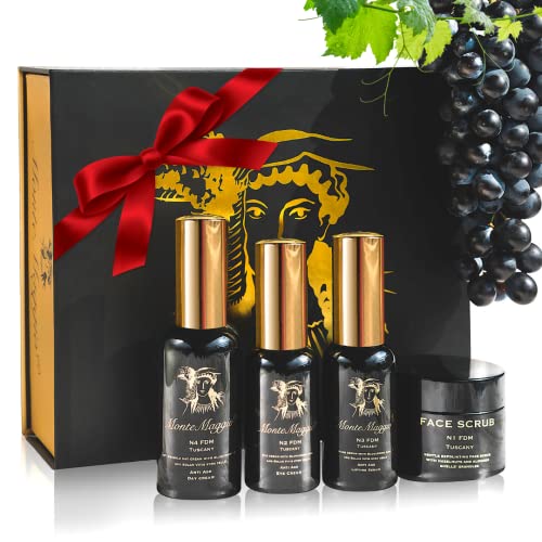 Caja de Regalo Antiedad Crema Facial Hidratante e Iluminadora con Células Madre de Uva Roja (Solar Vitis): Crema Exfoliante Facial + Crema Para el Contorno de Los Ojos + Suero + Crema Antiarrugas-FDM