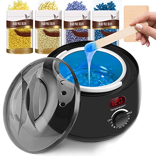 Calentador de Cera Kit, Depilación Cera con 4 * 100g Depilatoria Cera, 30 Espátulas, Cera Caliente, Maquina de Cera Caliente,Cera Depilatoria Caliente-Nueva Calentador de Cera con Pantalla Digital