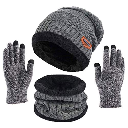Calentar Sombreros Gorro de Punto Beanie y Calentador de Cuello Bufanda con Forro Polar Suave + Guantes de Pantalla Táctil, Kit de Accesorios de Cálido Invierno 3 en 1 para Hombres y Mujeres