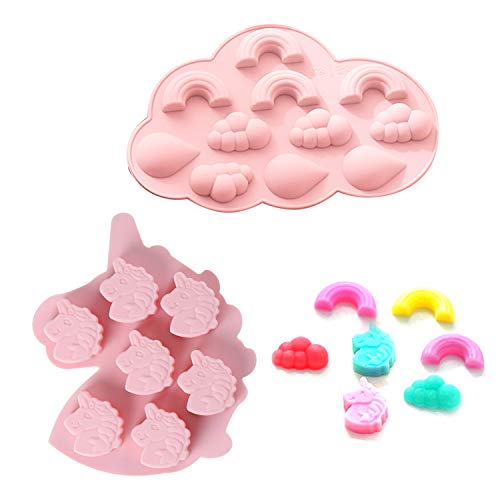 CaLeQi Juego de moldes de silicona de grado alimenticio con diseño de unicornio y nubes de arco iris para chocolate, dulces, pasteles, jabón, hornear, gelatina, galletas, cubitos de hielo