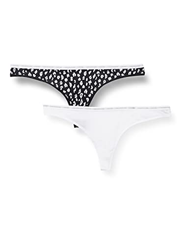Calvin Klein Thong 2PK Tanga, White/Savannah Cheetah Black, XS para Mujer
