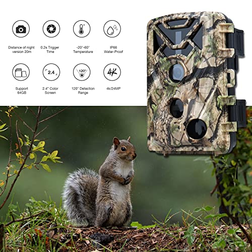 Camara Fototrampeo 4K 24MP, SOFELISH Camara Caza Nocturna con Tarjeta SD de 32G & 4 in 1 Lector de Tarjetas, Camara Caza con 42pcs Leds IR Visión Nocturna Activado por Movimiento IP66 Impermeabl