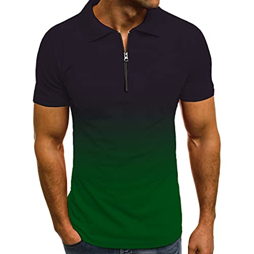 Camisa Henley Hombre Decoración con Cremallera Elástica Cuello Kent Manga Corta Verano Único Gradiente Camiseta Deportiva Hombre Camisa Deportiva Informal Hombre C-Green 3XL
