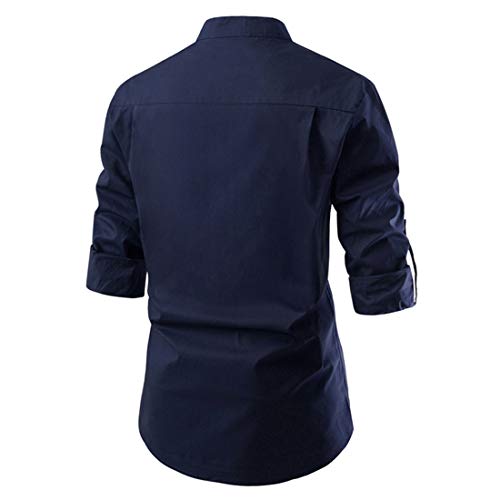 Camisa Negocios Hombre Transpirable Slim Fit Color Sólido con Cuello En V Hombre Camisa Casual Botones Básicos Verano Hombre Camisa Cuello Alto Manga Larga Hombre Camisa Henley D-Blue L