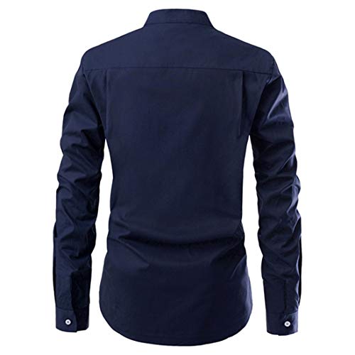 Camisa Negocios Hombre Transpirable Slim Fit Color Sólido con Cuello En V Hombre Camisa Casual Botones Básicos Verano Hombre Camisa Cuello Alto Manga Larga Hombre Camisa Henley D-Blue L