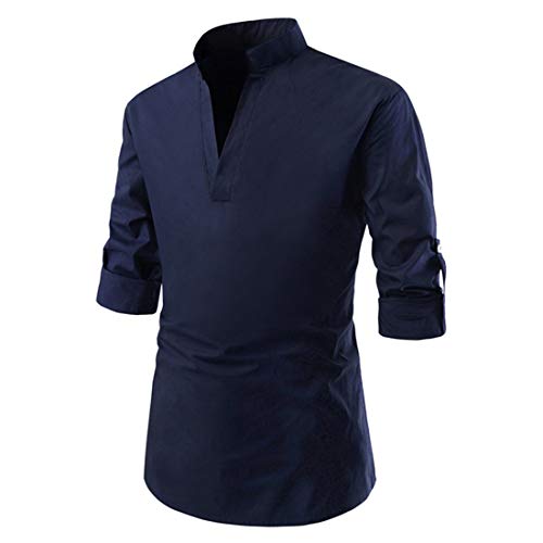 Camisa Negocios Hombre Transpirable Slim Fit Color Sólido con Cuello En V Hombre Camisa Casual Botones Básicos Verano Hombre Camisa Cuello Alto Manga Larga Hombre Camisa Henley D-Blue L