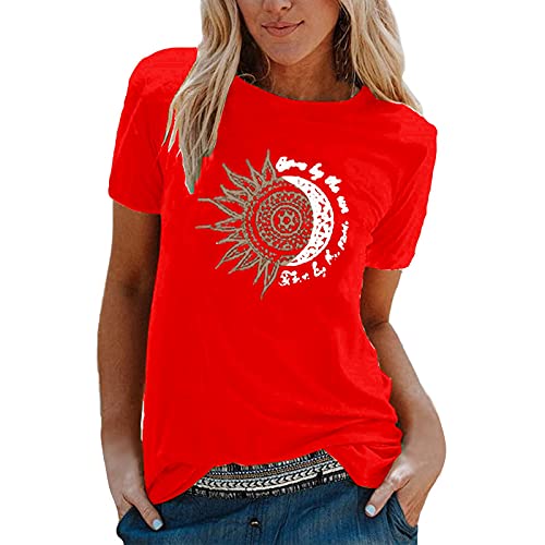 Camiseta de manga corta para mujer, diseño de sol y luna, suelta, cuello redondo, talla grande, rosso, S