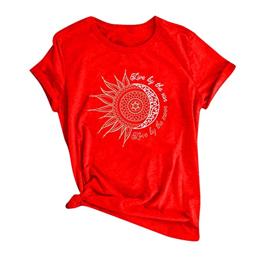 Camiseta de manga corta para mujer, diseño de sol y luna, suelta, cuello redondo, talla grande, rosso, S