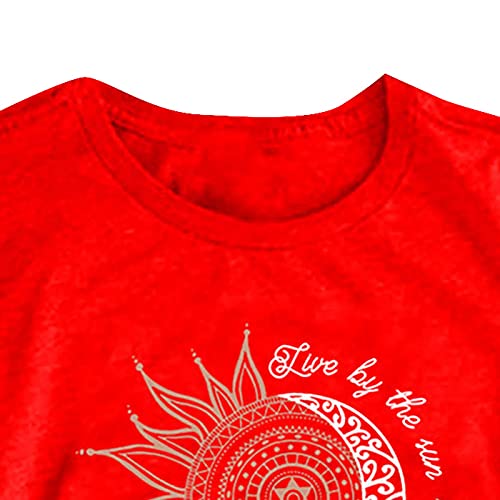 Camiseta de manga corta para mujer, diseño de sol y luna, suelta, cuello redondo, talla grande, rosso, S