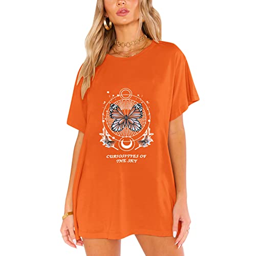 Camiseta larga para mujer, vintage, pintada a mano, flores y plantas estampadas, blusa de gran tamaño, vintage, informal, informal, de manga corta, para verano, naranja, XXL