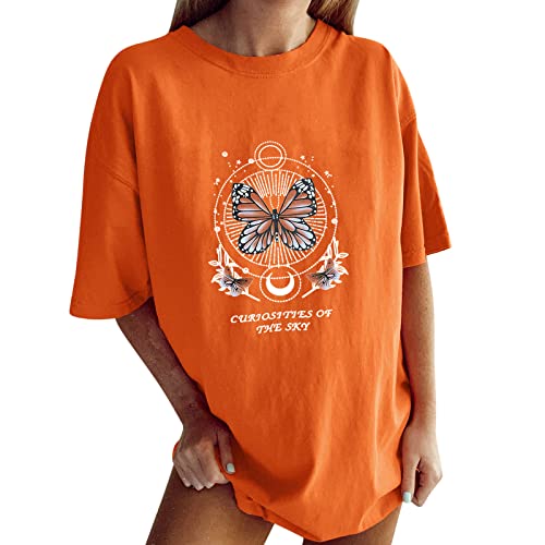 Camiseta larga para mujer, vintage, pintada a mano, flores y plantas estampadas, blusa de gran tamaño, vintage, informal, informal, de manga corta, para verano, naranja, XXL
