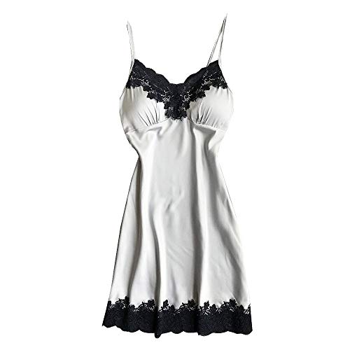 Camisón Mujer Camisones Tirantes Costura Encaje Satinado Camisón Elegant Barato Sexy de Cuello en V Talla Grande Camison sin Mangas para Adolescente Señora Camison Abierto Espalda Vestido para Hogar
