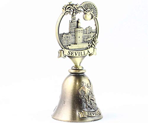Campana Sevilla en Metal, campanilla de sobremesa, con La Giralda y La Torre del Oro. En color bronce envejecida. Altura 10 cm.