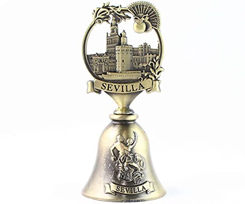 Campana Sevilla en Metal, campanilla de sobremesa, con La Giralda y La Torre del Oro. En color bronce envejecida. Altura 10 cm.