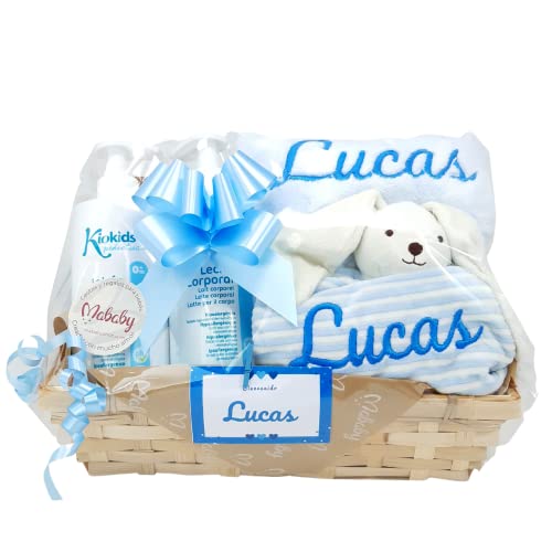 Canastilla Personalizada de Recién Nacido - Soft and Happy de Mababy - Manta y Dou dou Conejito Personalizados con el nombre del Bebé y Set de higiene para Bebés - Cesta Regalo Bebé. (Rosa)