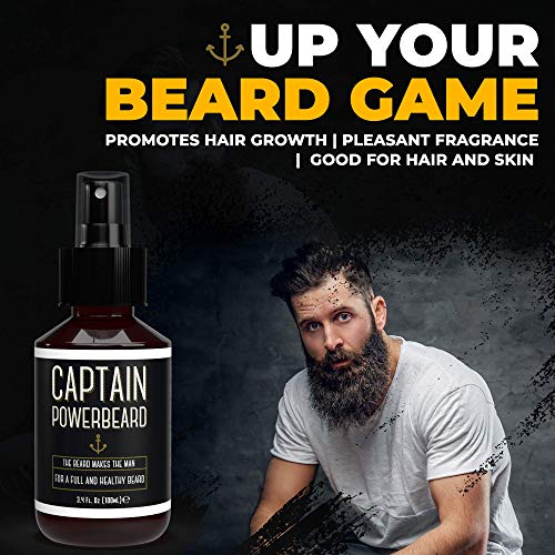 Captain Powerbeard Spray con Aceite Barba Hombre - Aceite para Barba Hombre, Spray con Aceite de Germen de Trigo, Aceite de Lavanda y Aceite de Romero - Cuidado Barba Hombre, Crecimiento Barba, 100ml