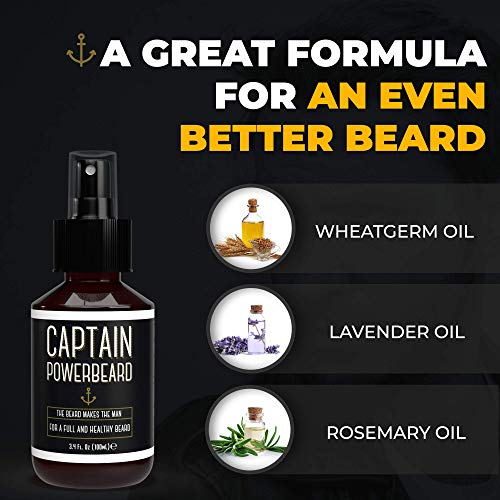 Captain Powerbeard Spray con Aceite Barba Hombre - Aceite para Barba Hombre, Spray con Aceite de Germen de Trigo, Aceite de Lavanda y Aceite de Romero - Cuidado Barba Hombre, Crecimiento Barba, 100ml