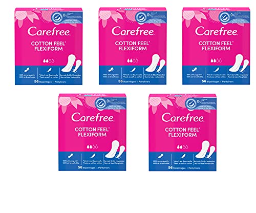 Carefree Cotton Feel Flexiform - Compresas para slip y tanga (5 paquetes de 56 unidades, sin perfume)