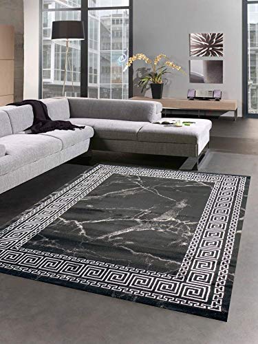 CARPETIA Alfombra mármol Sala de Estar mármol con Borde patrón de meandro Oro Plato Negro Größe 200 x 290 cm
