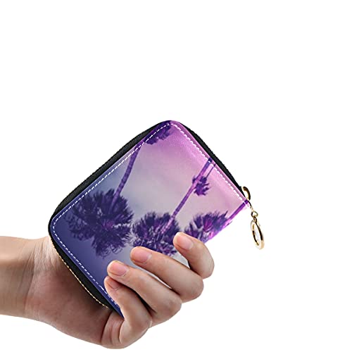 Cartera para Tarjetas, Palmas monocromáticas en Tonos Ultravioleta Venice Beach Estuche para Tarjetas de crédito con Cremallera de Cuero pequeño Estuche para Pasaporte de Viaje para Hombres y Mujeres