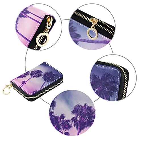Cartera para Tarjetas, Palmas monocromáticas en Tonos Ultravioleta Venice Beach Estuche para Tarjetas de crédito con Cremallera de Cuero pequeño Estuche para Pasaporte de Viaje para Hombres y Mujeres