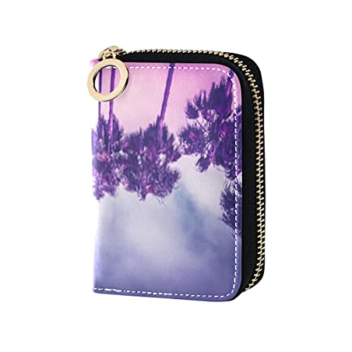 Cartera para Tarjetas, Palmas monocromáticas en Tonos Ultravioleta Venice Beach Estuche para Tarjetas de crédito con Cremallera de Cuero pequeño Estuche para Pasaporte de Viaje para Hombres y Mujeres